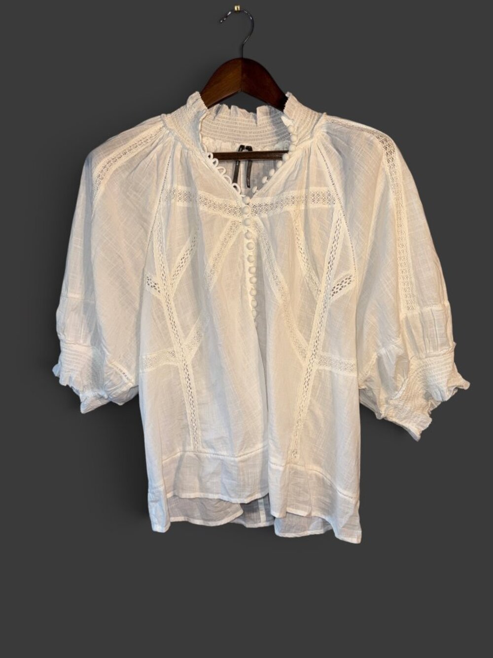 Anthropologie Puff Sleeve Victorian Blouse White Cotton Lace Inset Womens L NWOT